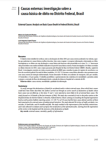 Causas externas: investigação sobre a causa básica de óbito no Distrito Federal, Brasil