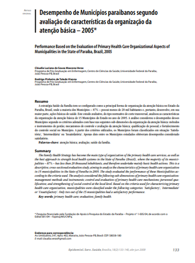 Desempenho de Municípios paraibanos segundo avaliação de características da organização da atenção básica - 2005