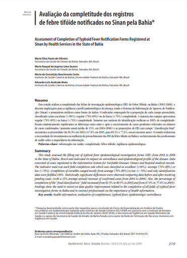 Avaliação da completitude dos registros de febre tifóide notificados no Sinan pela Bahia