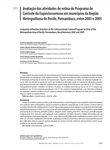 Avaliação das atividades de rotina do Programa de Controle da Esquistossomose em municípios da Região Metropolitana do Recife, Pernambuco, entre 2003 e 2005