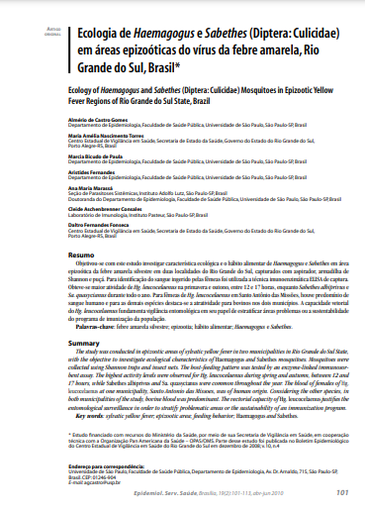 Ecologia de Haemagogus e Sabethes (Diptera: Culicidae) em áreas epizoóticas do vírus da febre amarela, Rio Grande do Sul, Brasil