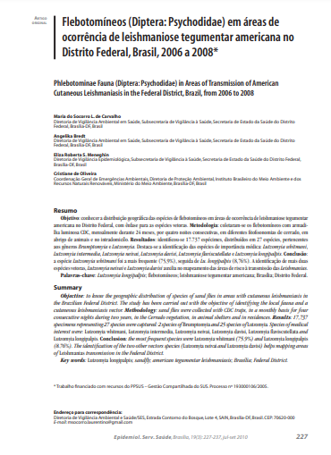 Flebotomíneos (Diptera: Psychodidae) em áreas de ocorrência de leishmaniose tegumentar americana no Distrito Federal, Brasil, 2006 a 2008