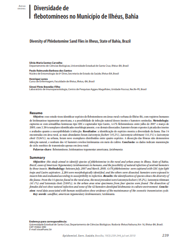Diversidade de flebotomíneos no Município de Ilhéus, Bahia