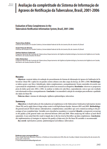 Avaliação da completitude do Sistema de Informação de Agravos de Notificação da Tuberculose, Brasil, 2001-2006