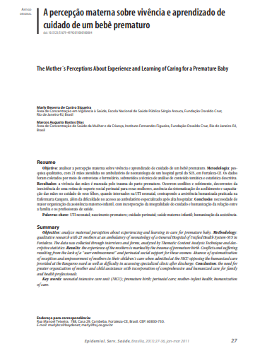 A percepção materna sobre vivência e aprendizado de cuidado de um bebê prematuro