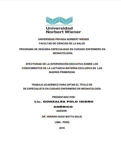 EFECTIVIDAD DE LA INTERVENCIÓN EDUCATIVA SOBRE LOS CONOCIMIENTOS DE LA LACTANCIA MATERNA EXCLUSIVA EN LAS MADRES PRIMERIZAS