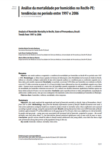 Análise da mortalidade por homicídios no Recife-PE: tendências no período entre 1997 e 2006