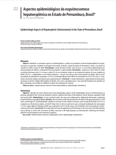 Aspectos epidemiológicos da esquistossomose hepatoesplênica no Estado de Pernambuco, Brasil