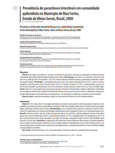 Prevalência de parasitoses intestinais em comunidade quilombola no Município de Bias Fortes, Estado de Minas Gerais, Brasil, 2008