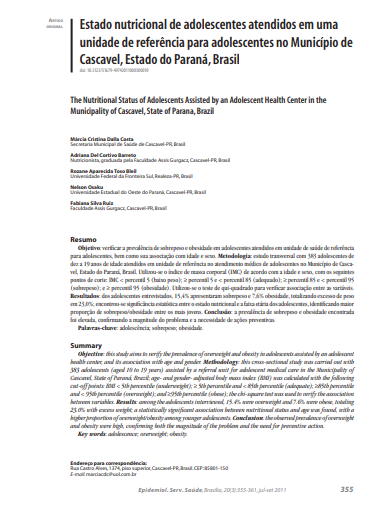 Estado nutricional de adolescentes atendidos em uma unidade de referência para adolescentes no Município de Cascavel, Estado do Paraná, Brasil