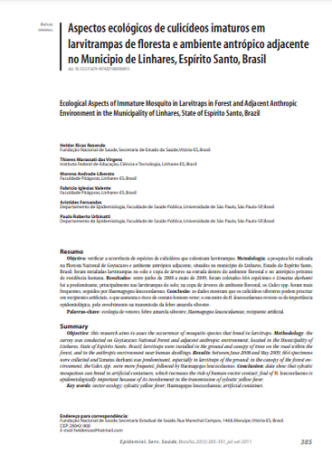 Aspectos ecológicos de culicídeos imaturos em larvitrampas de floresta e ambiente antrópico adjacente no Município de Linhares, Espírito Santo, Brasil