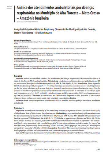 Análise dos atendimentos ambulatoriais por doenças respiratórias no Município de Alta Floresta - Mato Grosso - Amazônia brasileira