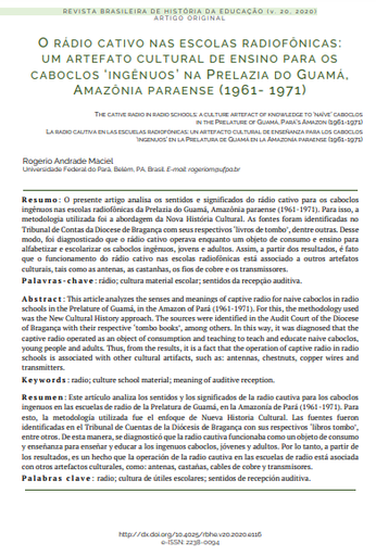 O rádio cativo nas escolas radiofônicas: um artefato cultural de ensino para os caboclos ‘ingênuos’ na Prelazia do Guamá, Amazônia paraense (1961- 1971)