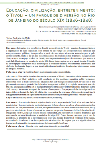 Educação, civilização, entretenimento: o Tivoli - um parque de diversão no Rio de Janeiro do século XIX (1846-1848)