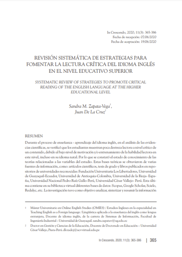 Revisión sistemática de estrategias para fomentar la lectura crítica del idioma inglés en nivel educativo superior