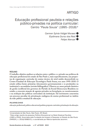 EDUCAÇÃO PROFISSIONAL PAULISTA E RELAÇÕES PÚBLICO-PRIVADAS NA POLÍTICA CURRICULAR: CENTRO “PAULA SOUZA” (1995-2018)