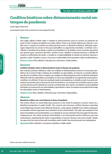 Conflitos bioéticos sobre distanciamento social em tempos de pandemia