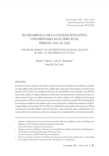 El desarrollo de la calidad educativa universitaria en el Perú en el período 2012 al 2020