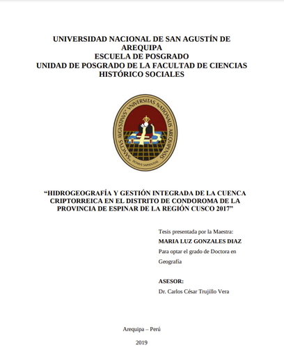 Hidrogeografía y gestión integrada de la cuenca Criptorreica en el distrito de Condoroma de la provincia de Espinar