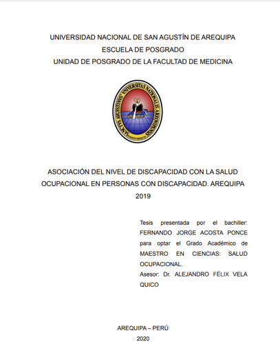 Asociación del nivel de discapacidad con la salud ocupacional en personas con discapacidad. Arequipa 2019