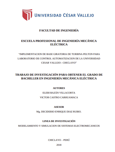 Implementación de base giratoria de turbina Pelton para laboratorio de control automatización de la Universidad Cesar Vallejo - Chiclayo