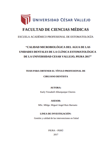 Calidad Microbiológica Del Agua De Las Unidades Dentales De La Clínica Estomatològica De La Universidad Cesar Vallejo, Piura 2017