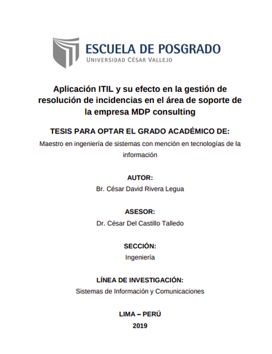 Aplicación ITIL y su efecto en la gestión de resolución de incidencias en el área de soporte de la empresa MDP consulting