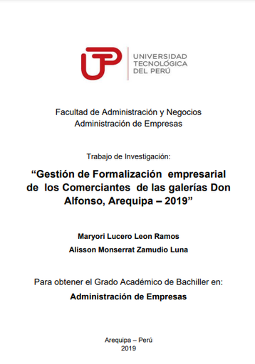 Gestión de formalización empresarial de los comerciantes de las galerías Don Alfonso, Arequipa - 2019