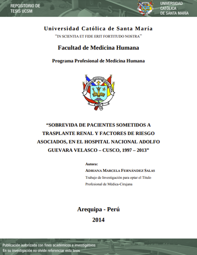 SOBREVIDA DE PACIENTES SOMETIDOS A TRASPLANTE RENAL Y FACTORES DE RIESGO ASOCIADOS, EN EL HOSPITAL NACIONAL ADOLFO GUEVARA VELASCO - CUSCO