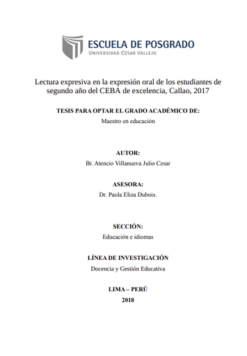 Lectura expresiva en la expresión oral de los estudiantes de segundo año del CEBA de excelencia, Callao, 2017