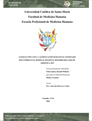 Satisfacción con la alimentación durante el internado rotatorio en el Hospital Regional Honorio Delgado de Arequipa, 2019