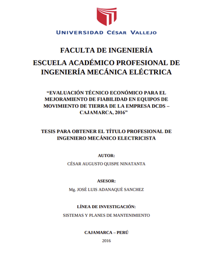 Evaluación técnico económico para el mejoramiento de fiabilidad en equipos de movimiento de tierra