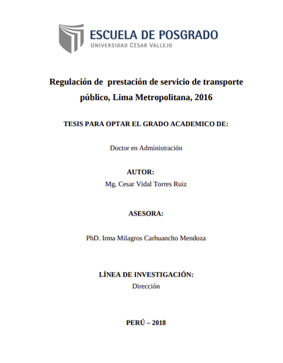 Regulación de prestación de servicio de transporte público, Lima Metropolitana, 2016