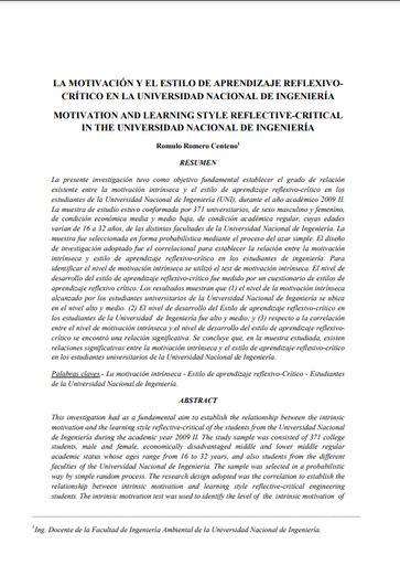 LA MOTIVACIÓN Y EL ESTILO DE APRENDIZAJE REFLEXIVO- CRÍTICO EN LA UNIVERSIDAD NACIONAL DE INGENIERÍA
