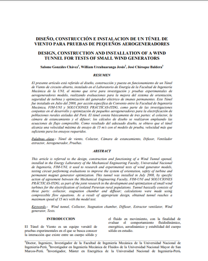 DISEÑO, CONSTRUCCIÓN E INSTALACION DE UN TÚNEL DE VIENTO PARA PRUEBAS DE PEQUEÑOS AEROGENERADORES