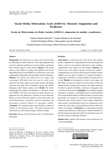 Social  Media  Motivations  Scale  (SMM-S):  Measure  Adaptation  and Predictors