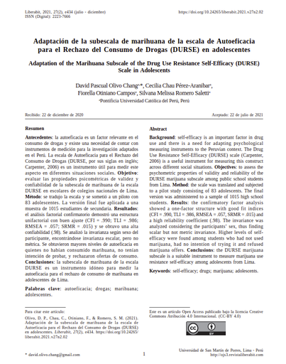 Adaptación de la subescala de marihuana de la escala de Autoeficacia para el Rechazo del Consumo de Drogas