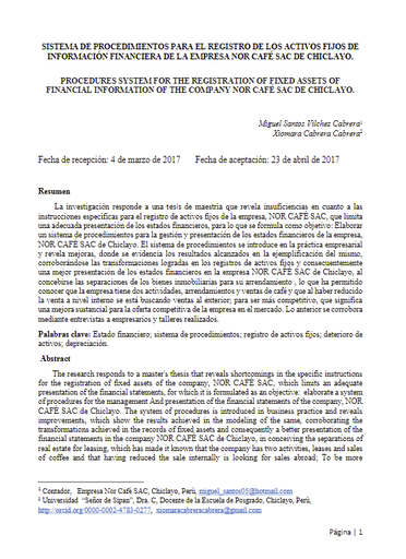 SISTEMA DE PROCEDIMIENTOS PARA EL REGISTRO DE LOS ACTIVOS FIJOS DE INFORMACIÓN FINANCIERA DE NOR CAFÉ SAC