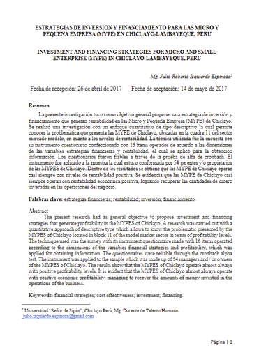 ESTRATEGIAS DE INVERSION Y FINANCIAMIENTO PARA LAS MICRO Y PEQUEÑA EMPRESA (MYPE) EN CHICLAYO-LAMBAYEQUE, PERU