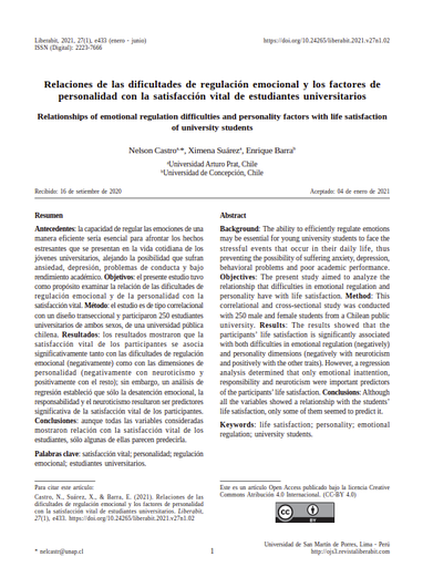 Relaciones de las dificultades de regulación emocional y los factores de personalidad con la satisfacción vital