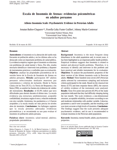 Escala de Insomnio de Atenas: Evidencias psicométricas en adultos peruanos