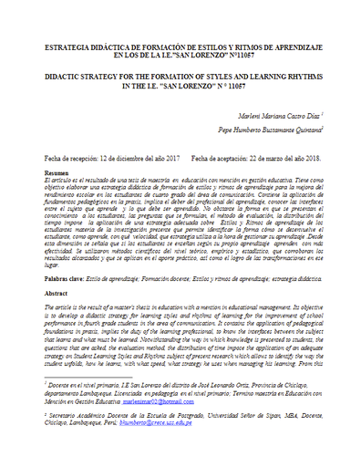 ESTRATEGIA DIDÁCTICA DE FORMACIÓN DE ESTILOS Y RITMOS DE APRENDIZAJE EN LOS DE LA I.E.&quot;SAN LORENZO&quot; N°11057