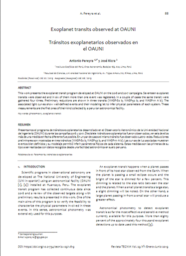 Tránsitos de exoplanetas observados desde el Observatorio Astronómico UNI