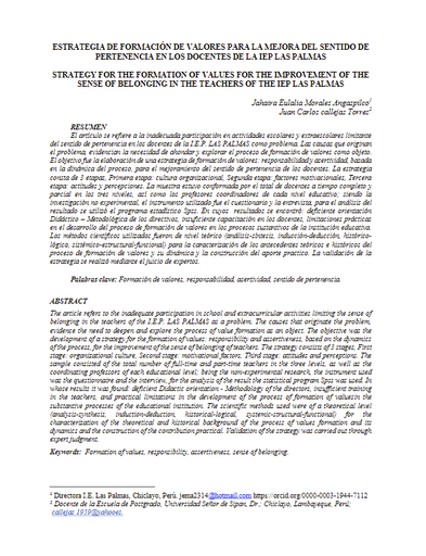 ESTRATEGIA DE FORMACIÓN DE VALORES PARA LA MEJORA DEL SENTIDO DE PERTENENCIA EN LOS DOCENTES DE LA IEP LAS PALMAS
