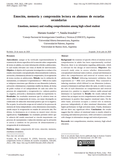 Emoción, memoria y comprensión lectora en alumnos de escuelas secundarias