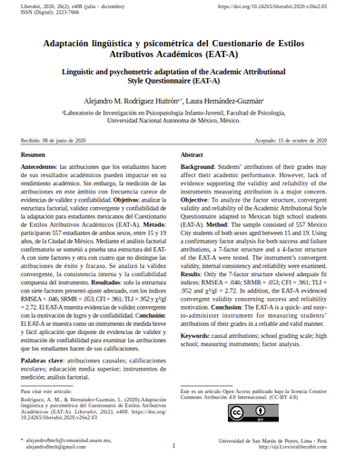 Adaptación lingüística y psicométrica del Cuestionario de Estilos Atributivos Académicos