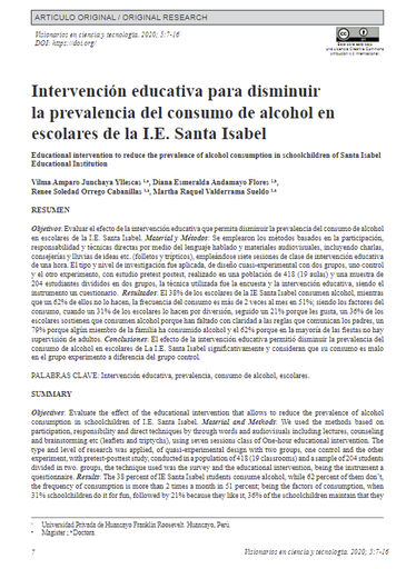 Intervención educativa para disminuir la prevalencia del consumo de alcohol en escolares de la I.E. Santa Isabel