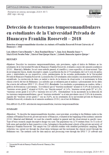 Detección de trastornos temporomandibulares en estudiantes de la Universidad Privada de Huancayo Franklin Roosevelt - 2018