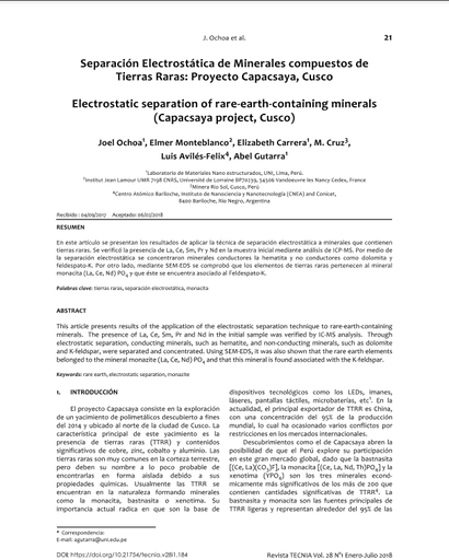 Separación Electrostática de Minerales compuestos de Tierras Raras: Proyecto Capacsaya, Cusco