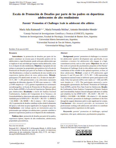 Escala de Promoción de Desafíos por parte de los padres en deportistas adolescentes de alto rendimiento